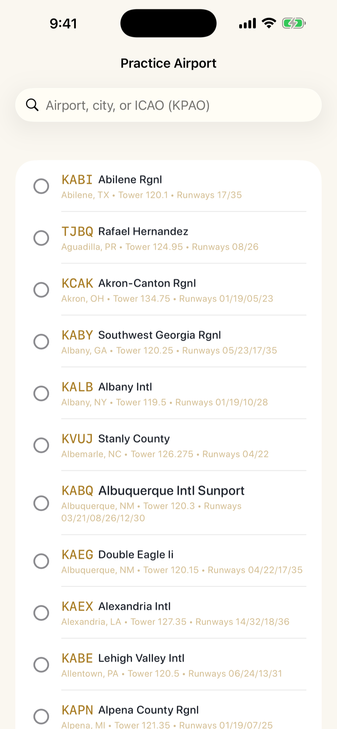 Practice airport picker with real US airports